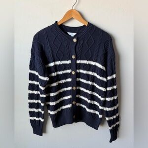 NWT Time and Tru Navy Cable Knit Cardigan Sweater with White Stripes Sailor Fish